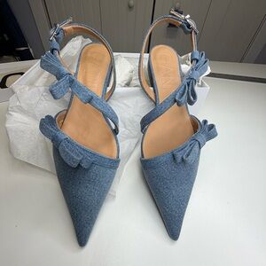 Ganni Blue Denim Pointed-Toe Bow Slingback Flats, size 39, NEW!